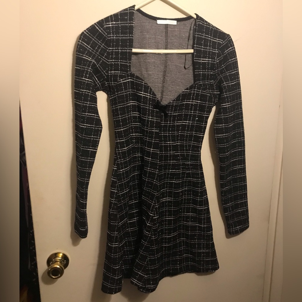 Zara Black Plaid Long-Sleeve Fit & Flare Dress Size Small